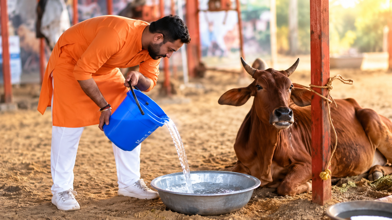 Offering drinking water to a cow