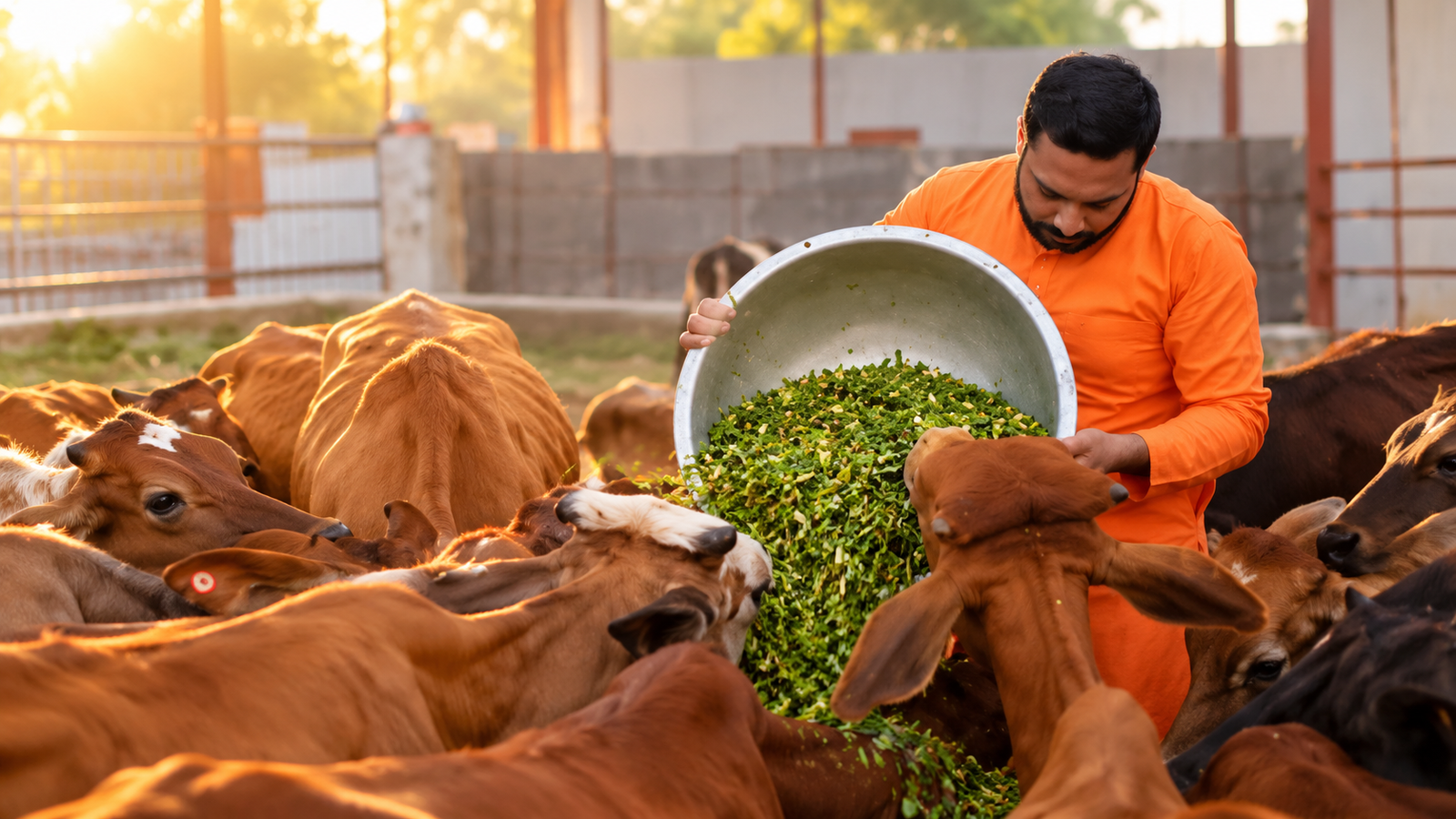 Offering fresh fodder to cows